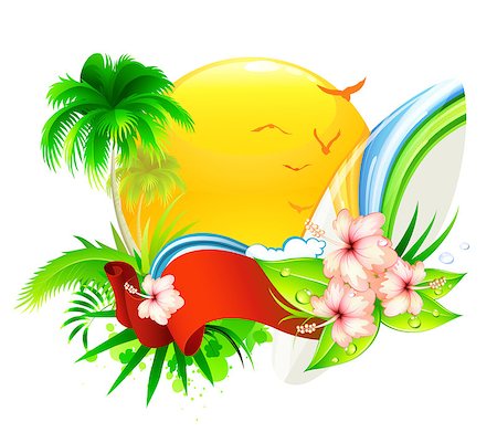 flower tree sunrise - Vector illustration of funky summer  background with palm tree, hibiscus flowers and surfboard Stock Photo - Budget Royalty-Free & Subscription, Code: 400-04407245