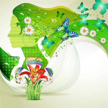 simsearch:400-06355883,k - Stylized green portrait with butterflies and flowers Stock Photo - Budget Royalty-Free & Subscription, Code: 400-04407532