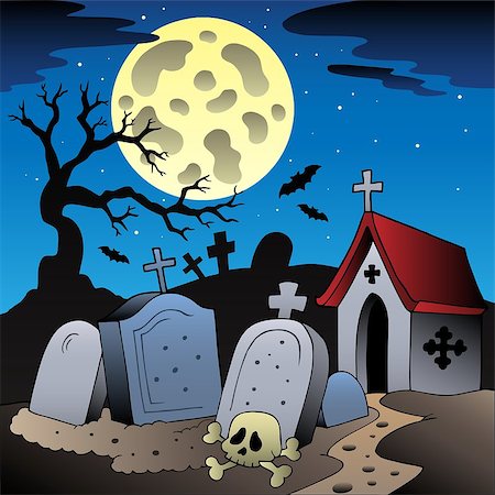 spooky night scene moon - Halloween scenery with cemetery 1 - vector illustration. Stock Photo - Budget Royalty-Free & Subscription, Code: 400-04407813