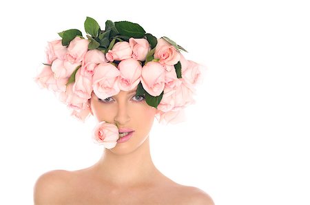 rosy - young woman in hat of roses isolated on white Stock Photo - Budget Royalty-Free & Subscription, Code: 400-04408465