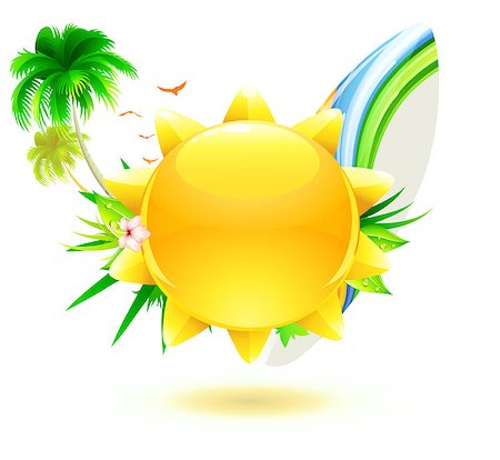 simsearch:400-03944633,k - Vector illustration of funky summer background with palm trees, hibiscus flowers, surfboard and yellow sun Stock Photo - Budget Royalty-Free & Subscription, Code: 400-04408650