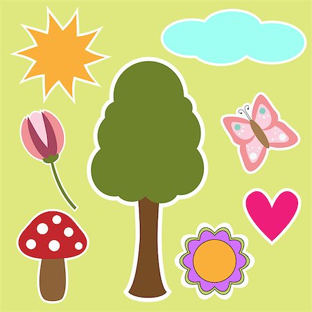 Nature graphics collection - tree, flowers, butterfly, mushroom, sun and cloud Stock Photo - Budget Royalty-Free & Subscription, Code: 400-04408984