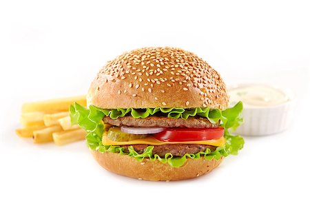 simsearch:400-06090558,k - fresh hamburger, potatoes and sauce on white background Stock Photo - Budget Royalty-Free & Subscription, Code: 400-04409606