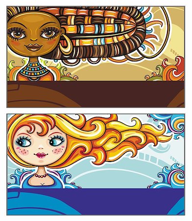 simsearch:400-05927920,k - Stock Vector Illustration: Set of colorful decorative business cards featuring attractive girls with stylish hair styles. Space for your information. #2 Foto de stock - Super Valor sin royalties y Suscripción, Código: 400-04402814