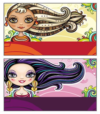 simsearch:400-05927920,k - Set of colorful decorative business cards featuring attractive girls with stylish hair styles. Space for your information. #3 Foto de stock - Super Valor sin royalties y Suscripción, Código: 400-04402813