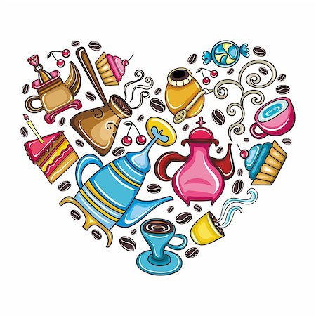 simsearch:400-04414723,k - Coffee lover scene: Beautifully arranged coffee, tea, mate related objects and devices in the shape of heart isolated on white Foto de stock - Super Valor sin royalties y Suscripción, Código: 400-04402820