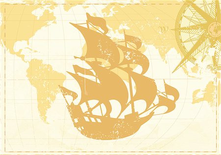 Vector illustration of Vintage word map grunge background with retro compass and silhouette of retro sailing ship Stock Photo - Budget Royalty-Free & Subscription, Code: 400-04403636