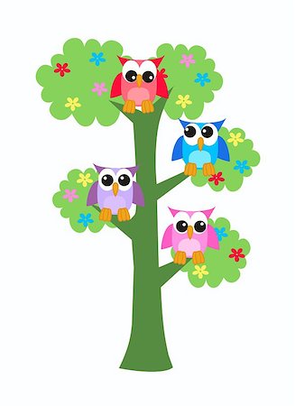 colorful owls in a tree Stock Photo - Budget Royalty-Free & Subscription, Code: 400-04415651