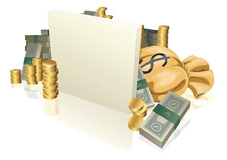 simsearch:400-04365987,k - Sign in the middle of lots of cash and gold coins with copyspace Photographie de stock - Aubaine LD & Abonnement, Code: 400-04417127