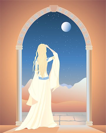 an illustration of a decorative arched doorway with a woman in a long white dress looking out over a  moonlit mountain landscape Stock Photo - Budget Royalty-Free & Subscription, Code: 400-04417910