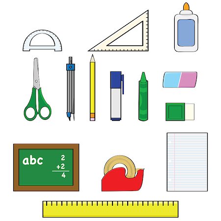 Cartoon illustration set showing different school supplies, such as pencils, rulers and erasers Stock Photo - Budget Royalty-Free & Subscription, Code: 400-04417930