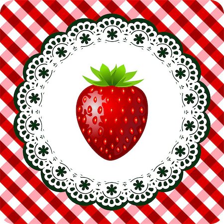 summer sweet illustration - Illustration of red strawberry on lace frame and checkered red white background Stock Photo - Budget Royalty-Free & Subscription, Code: 400-04411346