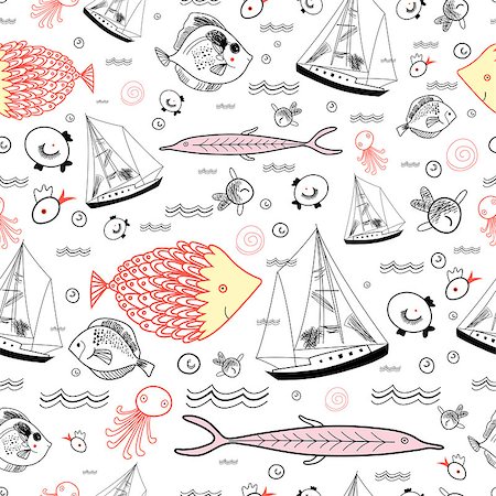 drawing of sea fish - seamless pattern of marine fish and ships on a white background Stock Photo - Budget Royalty-Free & Subscription, Code: 400-04412225