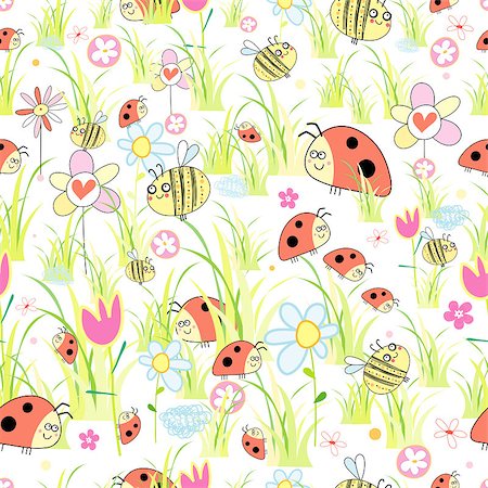 simsearch:400-05375439,k - funny seamless pattern of ladybirds and bees in the grass on a white background Stock Photo - Budget Royalty-Free & Subscription, Code: 400-04412229