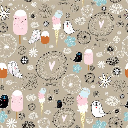 seamless pattern of funny birds graphic and ice cream on a brown background Stock Photo - Budget Royalty-Free & Subscription, Code: 400-04412977