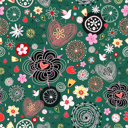 simsearch:400-05375439,k - seamless floral pattern with birds and hearts on a green background Stock Photo - Budget Royalty-Free & Subscription, Code: 400-04422074