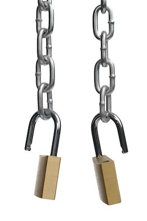 Two open padlock and chain isolated on white background. Foto de stock - Super Valor sin royalties y Suscripción, Código: 400-04422533