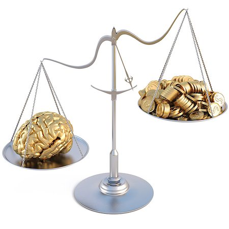 golden brains outweigh the pile of gold coins on the scale. isolated on white. Photographie de stock - Aubaine LD & Abonnement, Code: 400-04423038