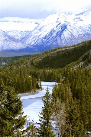 simsearch:400-05271081,k - Landscape of high snowy mountains with evegreen trees and frozen river Photographie de stock - Aubaine LD & Abonnement, Code: 400-04442341