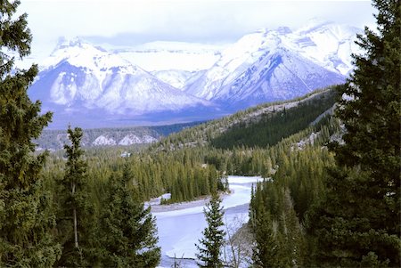 simsearch:400-05271081,k - Landscape of high snowy mountains with evegreen trees and frozen river Photographie de stock - Aubaine LD & Abonnement, Code: 400-04455767