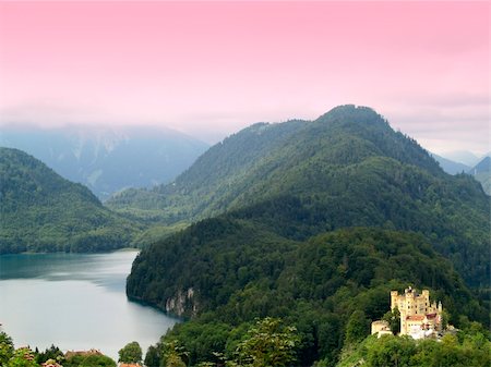 schwangau - Hohenschwangau castle view from mountain with pink filtered sky Stock Photo - Budget Royalty-Free & Subscription, Code: 400-04458600