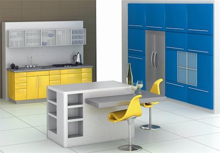 simsearch:846-03164688,k - Modern kitchen with an island in blue and yellow Photographie de stock - Aubaine LD & Abonnement, Code: 400-04460473