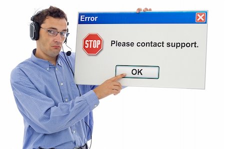 simsearch:400-03933798,k - Sad IT support personnel showing computer message - easily editable - isolated Stock Photo - Budget Royalty-Free & Subscription, Code: 400-04461169