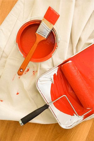 painting, drop cloth - High angle view of painting supplies on drop cloth on wood floor. Stock Photo - Budget Royalty-Free & Subscription, Code: 400-04476000