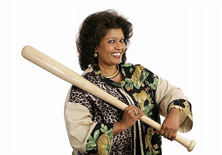 A beautiful ethnic woman smiling because she has a baseball bat to defend herself. Isolated on white. Stock Photo - Budget Royalty-Free & Subscription, Code: 400-04486699