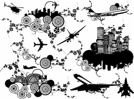 Black and white design elements, but you can fill it with other colors too. Florish ornaments embeded in urban design elements, like : skyscraper, buildings, bridge, cityscape, town, plane,helicopter Stock Photo - Budget Royalty-Free & Subscription, Code: 400-04491344