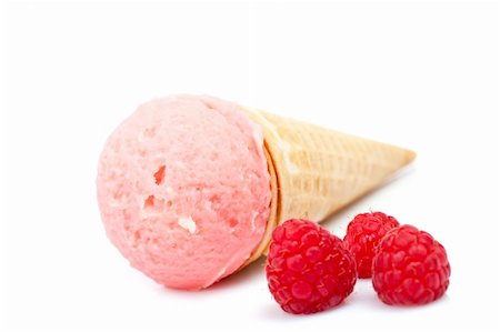 simsearch:400-05718903,k - Delicious strawberry ice cream cone with raspberries. Soft shadow on white background. Shallow DOF Stock Photo - Budget Royalty-Free & Subscription, Code: 400-04504527