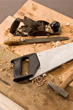 set of carpenters tool on tne wood and shavings Stock Photo - Budget Royalty-Free & Subscription, Code: 400-04516355