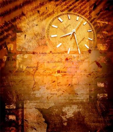 Clock with old textured map Stock Photo - Budget Royalty-Free & Subscription, Code: 400-04511755