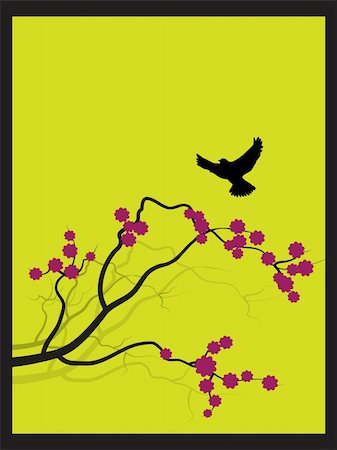 simsearch:400-04266669,k - Vector - Japanese spring flower zen style with bird flying towards a branch. Stock Photo - Budget Royalty-Free & Subscription, Code: 400-04525087