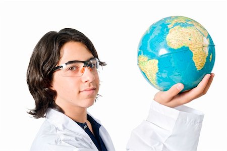 science student holding a globe isolated on white Stock Photo - Budget Royalty-Free & Subscription, Code: 400-04525433