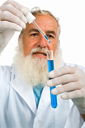 simsearch:400-09011632,k - Mature scientist in laboratory holiding pipette and test tube with blue liquid isolated on white Stock Photo - Budget Royalty-Free & Subscription, Code: 400-04528200