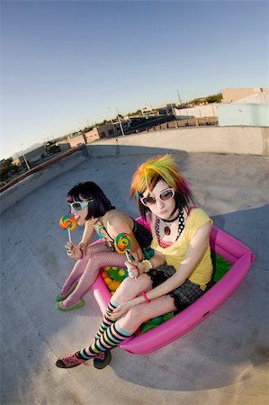 simsearch:400-04016564,k - Fisheye shot of girls in brightly colored clothing in a plastic pool on a roof with sunglasses and lollipops Stock Photo - Budget Royalty-Free & Subscription, Code: 400-04520666