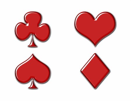 Playing card icons in shiny metallic red isolated on white - club, heart, spade, diamond. Foto de stock - Super Valor sin royalties y Suscripción, Código: 400-04530910
