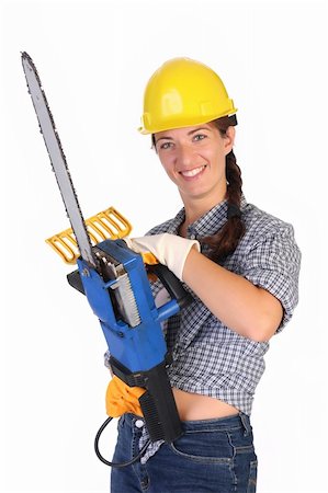 Beauty woman with chainsaw on white background Stock Photo - Budget Royalty-Free & Subscription, Code: 400-04532123