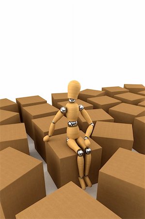 simsearch:400-05735817,k - Wooden mannequin sitting on moving box, surrounded by lots of other boxes Stock Photo - Budget Royalty-Free & Subscription, Code: 400-04544912