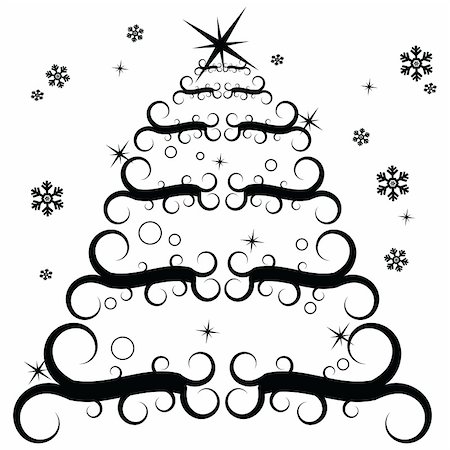 scrapbook paper christmas tree - Black and white illustration of a stylish Christmas tree Stock Photo - Budget Royalty-Free & Subscription, Code: 400-04547476