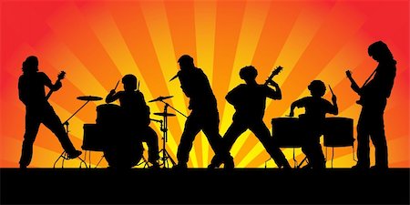 Rock band. Silhouettes of six musicians. Vector illustration. Stock Photo - Budget Royalty-Free & Subscription, Code: 400-04548999