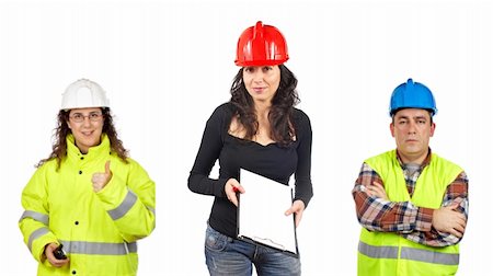 Three construction workers over a white background. Focus at front Stock Photo - Budget Royalty-Free & Subscription, Code: 400-04542170