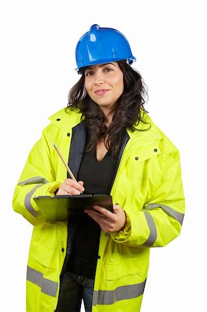 Female construction worker writing, over a white background Stock Photo - Budget Royalty-Free & Subscription, Code: 400-04555215