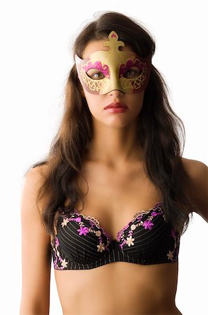 simsearch:400-04334131,k - beautiful brunette wearing top lingerie and hiding face with golden mask Stock Photo - Budget Royalty-Free & Subscription, Code: 400-04555348