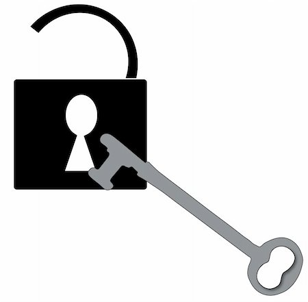 firewall white guard - open padlock with silver antique key Stock Photo - Budget Royalty-Free & Subscription, Code: 400-04557110