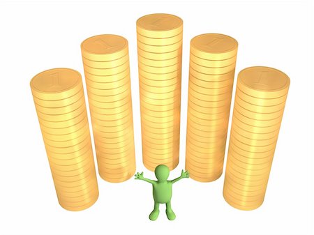 simsearch:400-04084846,k - Joyful 3d puppet, worth near to columns of gold coins. Objects over white Stock Photo - Budget Royalty-Free & Subscription, Code: 400-04557462