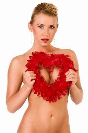 feather boa - Friendly sexy sensual hot nude blond female with seductive cleavage breast covered by red heart shaped boa Photographie de stock - Aubaine LD & Abonnement, Code: 400-04550765