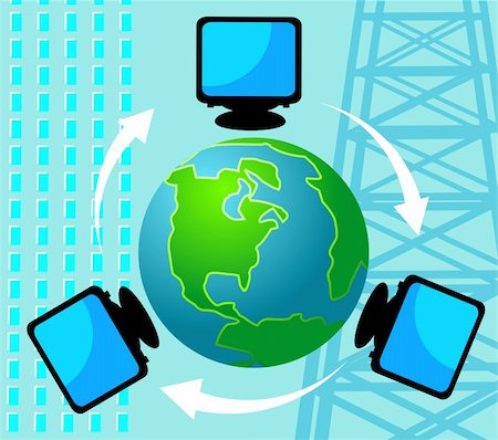 Illustration of a computer monitors around a globe Stock Photo - Budget Royalty-Free & Subscription, Code: 400-04563459