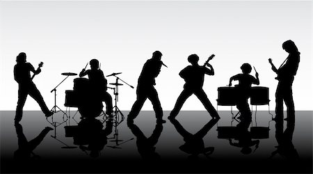 Rock band. Silhouettes of six musicians. Vector illustration. Stock Photo - Budget Royalty-Free & Subscription, Code: 400-04563902